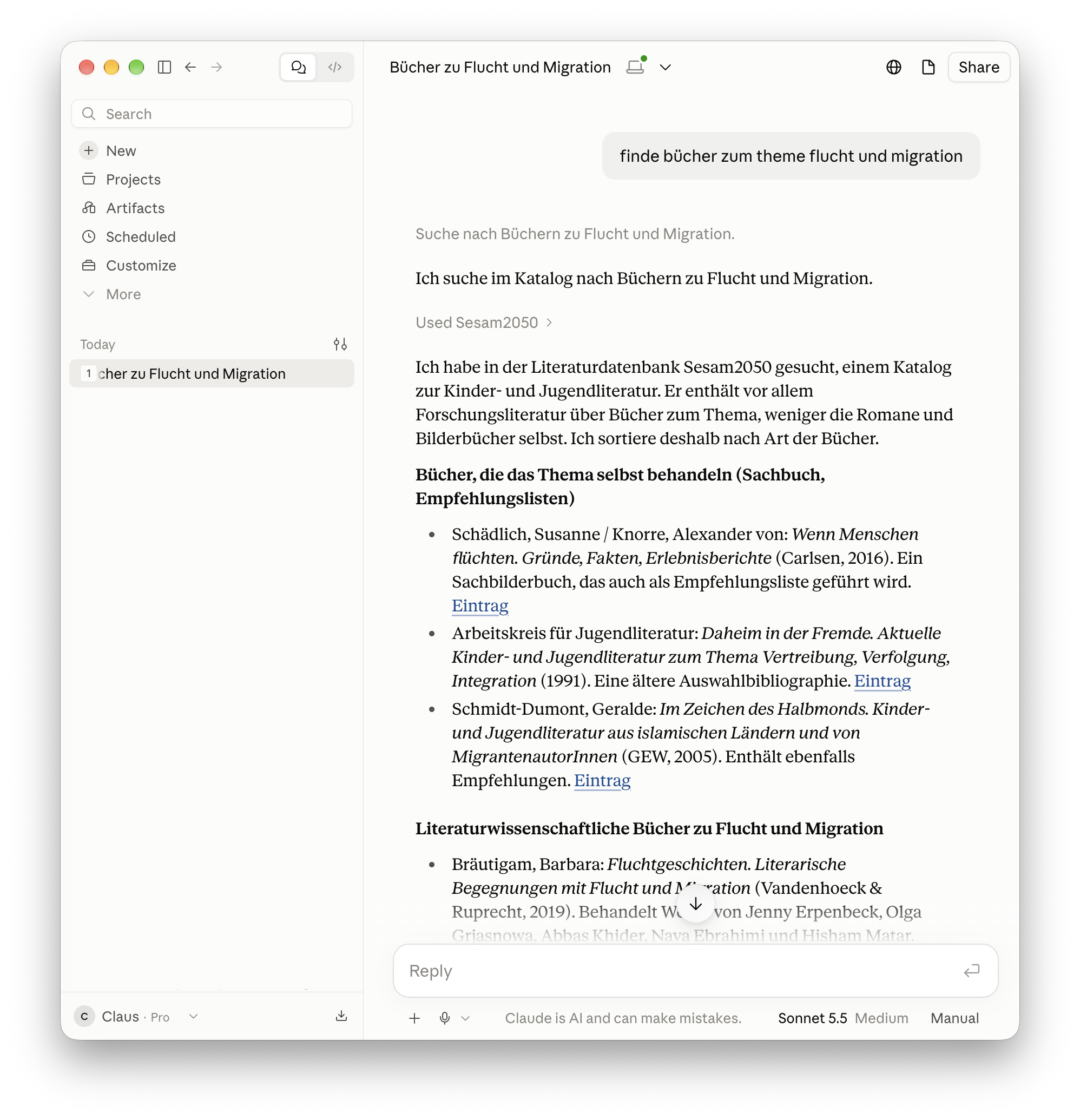 Das Ergebnis mit Links zu den Katalogeinträgen